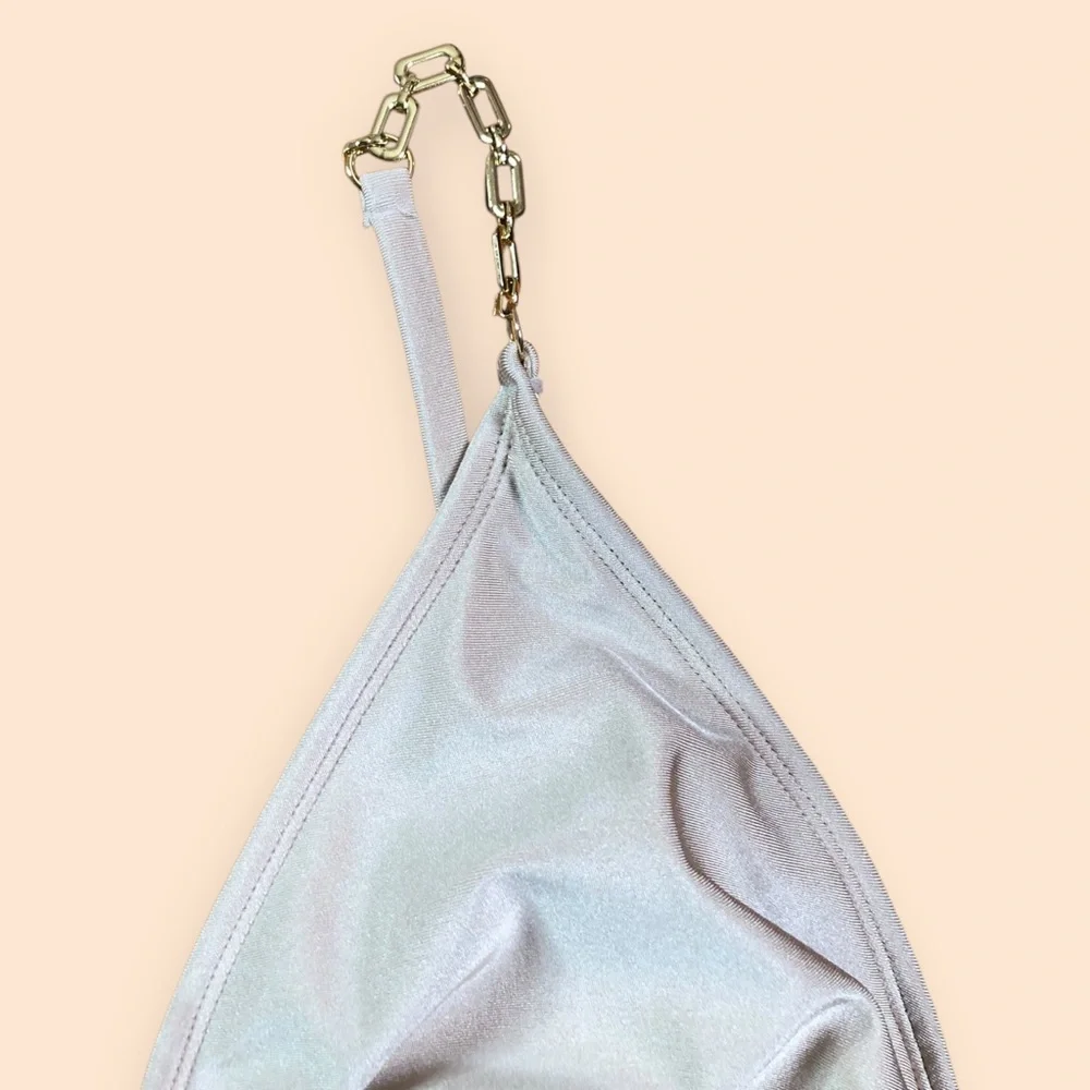 Shade & Shore Beige Shimmer Chain Two Piece Bikini Swimsuit Thong Women’s L/XL